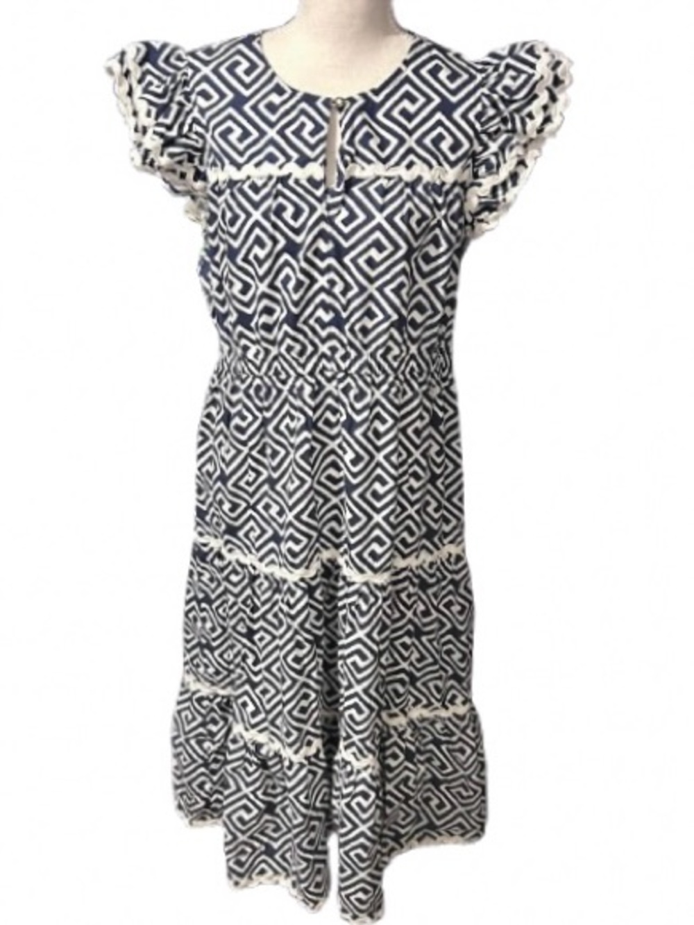 SAIL TO SABLE Dress Blue White Nautical Beach Resort Midi Cottage Boho Cotton
